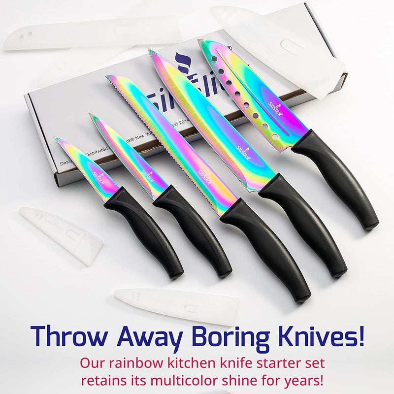 SiliSlick Kitchen Knife Set Kit, 5 Dishwasher Safe Colorful Knives, Knife Sharpener & Magnetic Wall Bar, Titanium Non Stick Plating Stainless Steel - Image 2